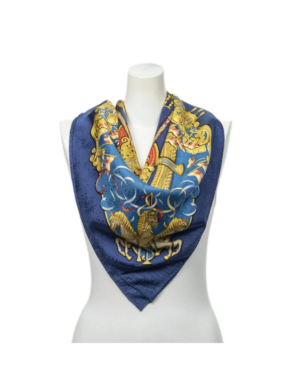 Hermes Scarf Navy Gold Blue Jacquard Silk